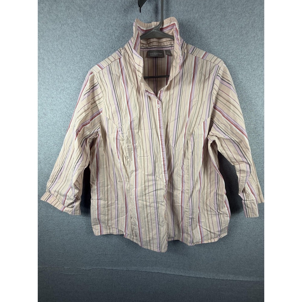 Croft & Barrow Shirt Womens 2X Beige Striped 3/4‎ Sleeve Button Up Stretch